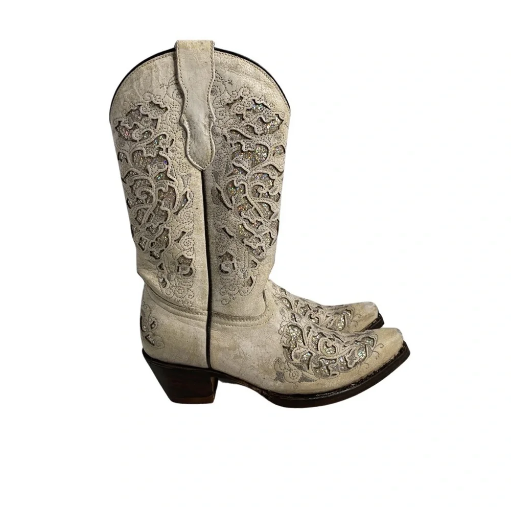 Corral Teens size 2.5 off/white/tan with glitter inlay western pull on  boots